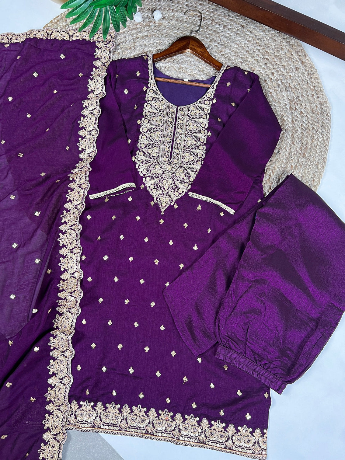 Purple Elegant Vichitra Silk Top & Bottom Set with Sequins & Thread Embroidery Work – Stitched Top, Plain Bottom, and Matching Dupatta