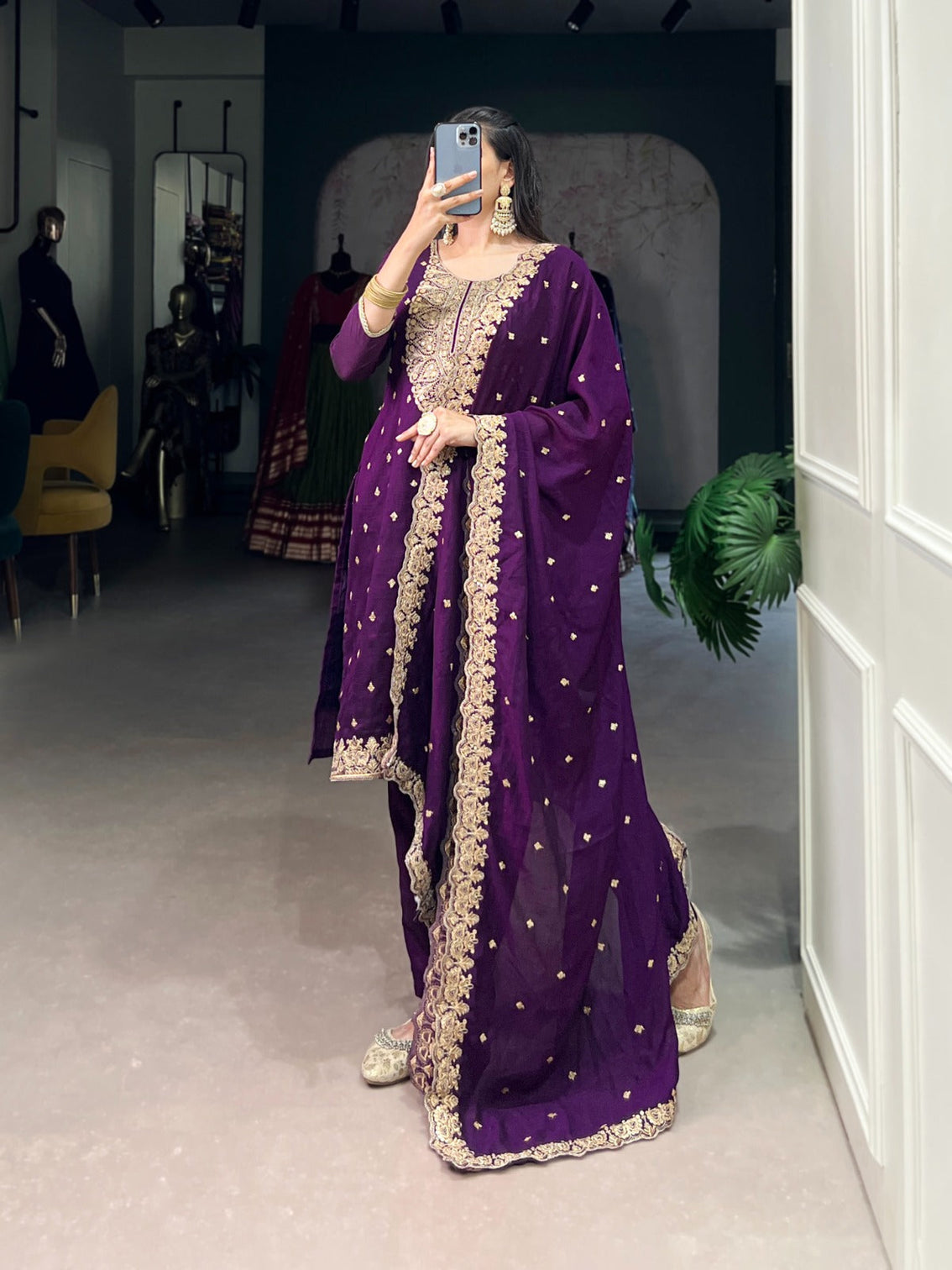 Purple Elegant Vichitra Silk Top & Bottom Set with Sequins & Thread Embroidery Work – Stitched Top, Plain Bottom, and Matching Dupatta