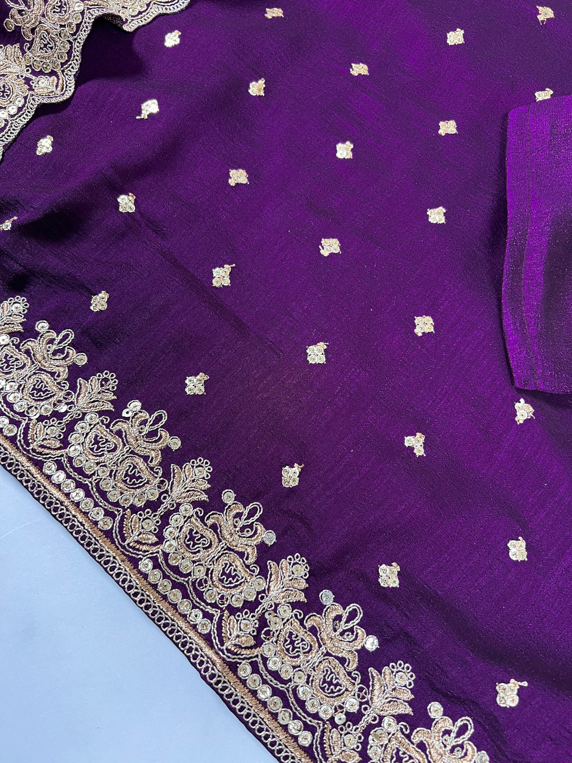 Purple Elegant Vichitra Silk Top & Bottom Set with Sequins & Thread Embroidery Work – Stitched Top, Plain Bottom, and Matching Dupatta