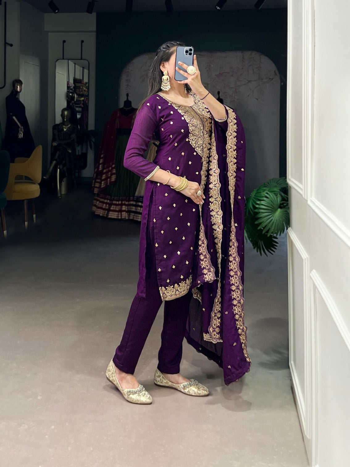 Purple Elegant Vichitra Silk Top & Bottom Set with Sequins & Thread Embroidery Work – Stitched Top, Plain Bottom, and Matching Dupatta