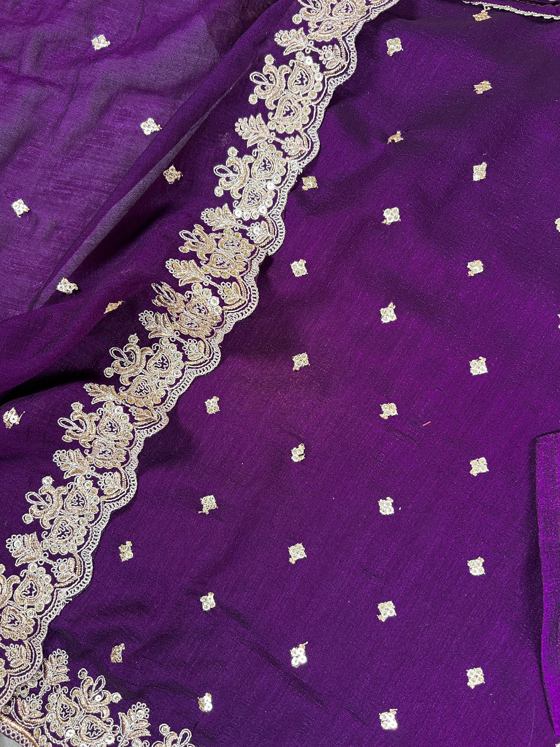 Purple Elegant Vichitra Silk Top & Bottom Set with Sequins & Thread Embroidery Work – Stitched Top, Plain Bottom, and Matching Dupatta
