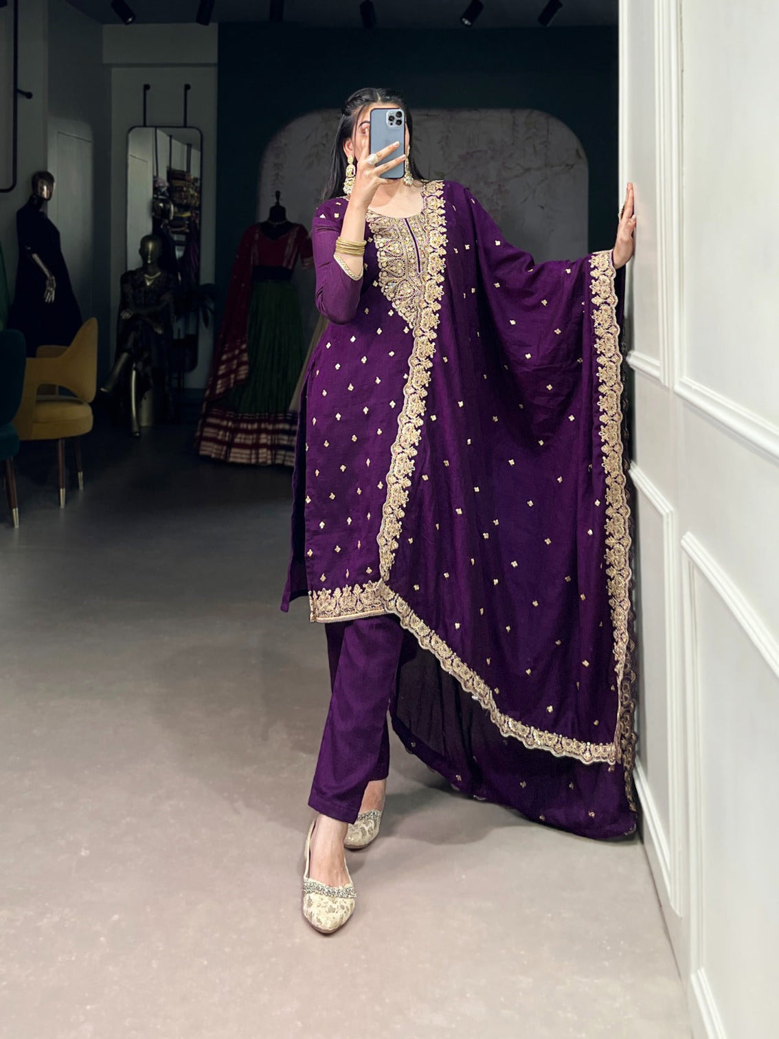 Purple Elegant Vichitra Silk Top & Bottom Set with Sequins & Thread Embroidery Work – Stitched Top, Plain Bottom, and Matching Dupatta