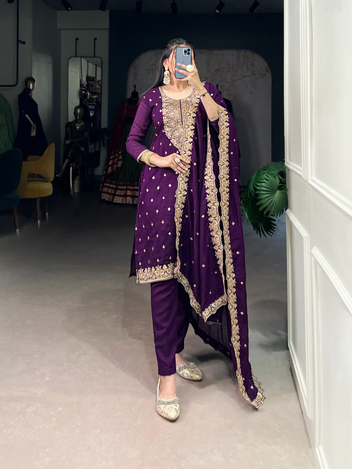 Purple Elegant Vichitra Silk Top & Bottom Set with Sequins & Thread Embroidery Work – Stitched Top, Plain Bottom, and Matching Dupatta