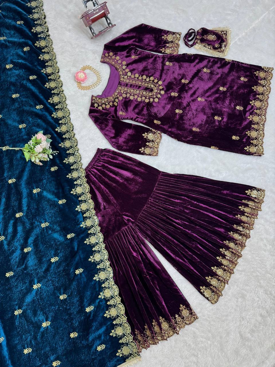 Purple Elegant Viscose Velvet Embroidered Sharara Set