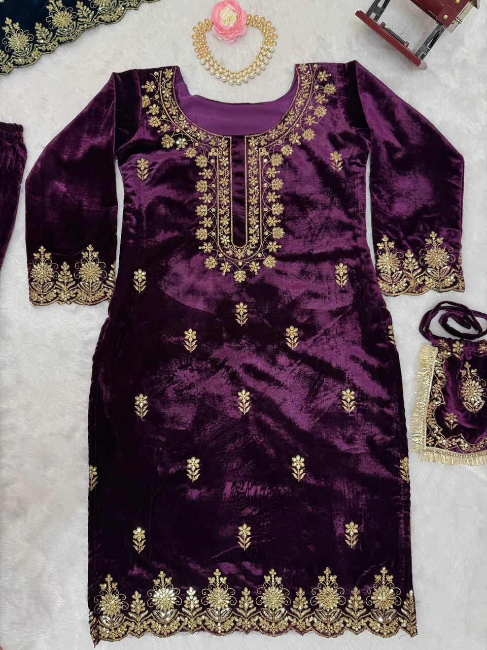 Purple Elegant Viscose Velvet Embroidered Sharara Set
