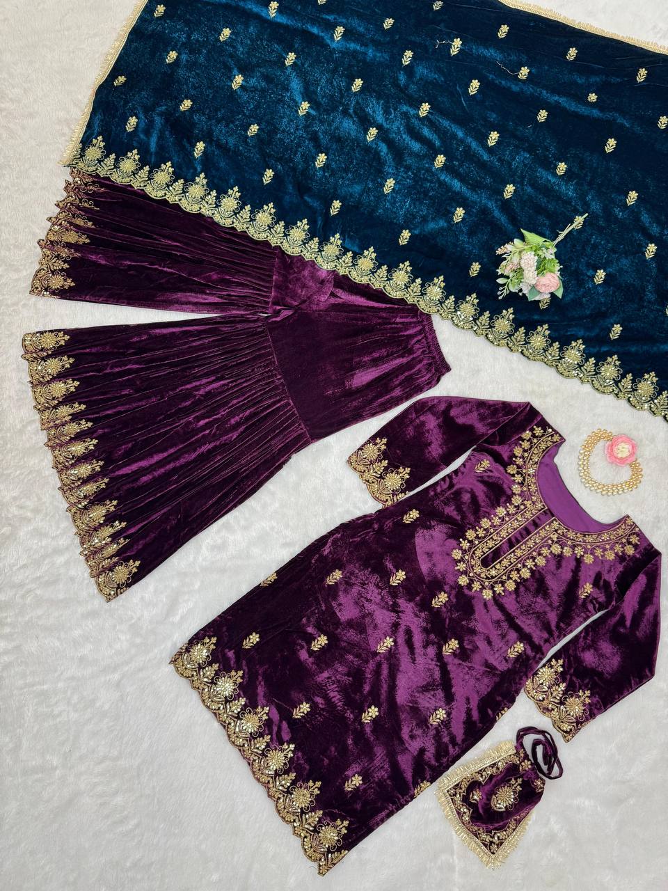 Purple Elegant Viscose Velvet Embroidered Sharara Set