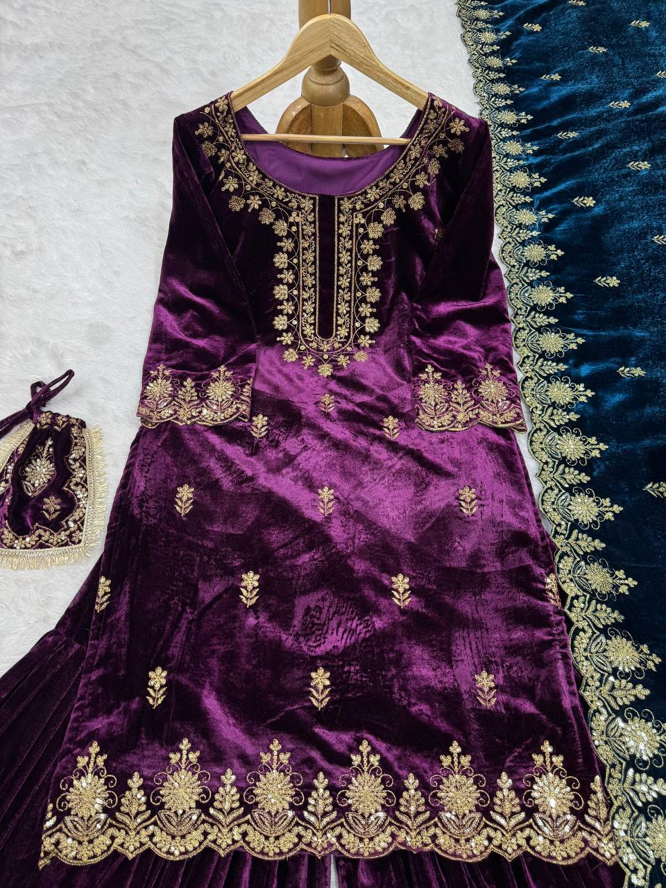 Purple Elegant Viscose Velvet Embroidered Sharara Set