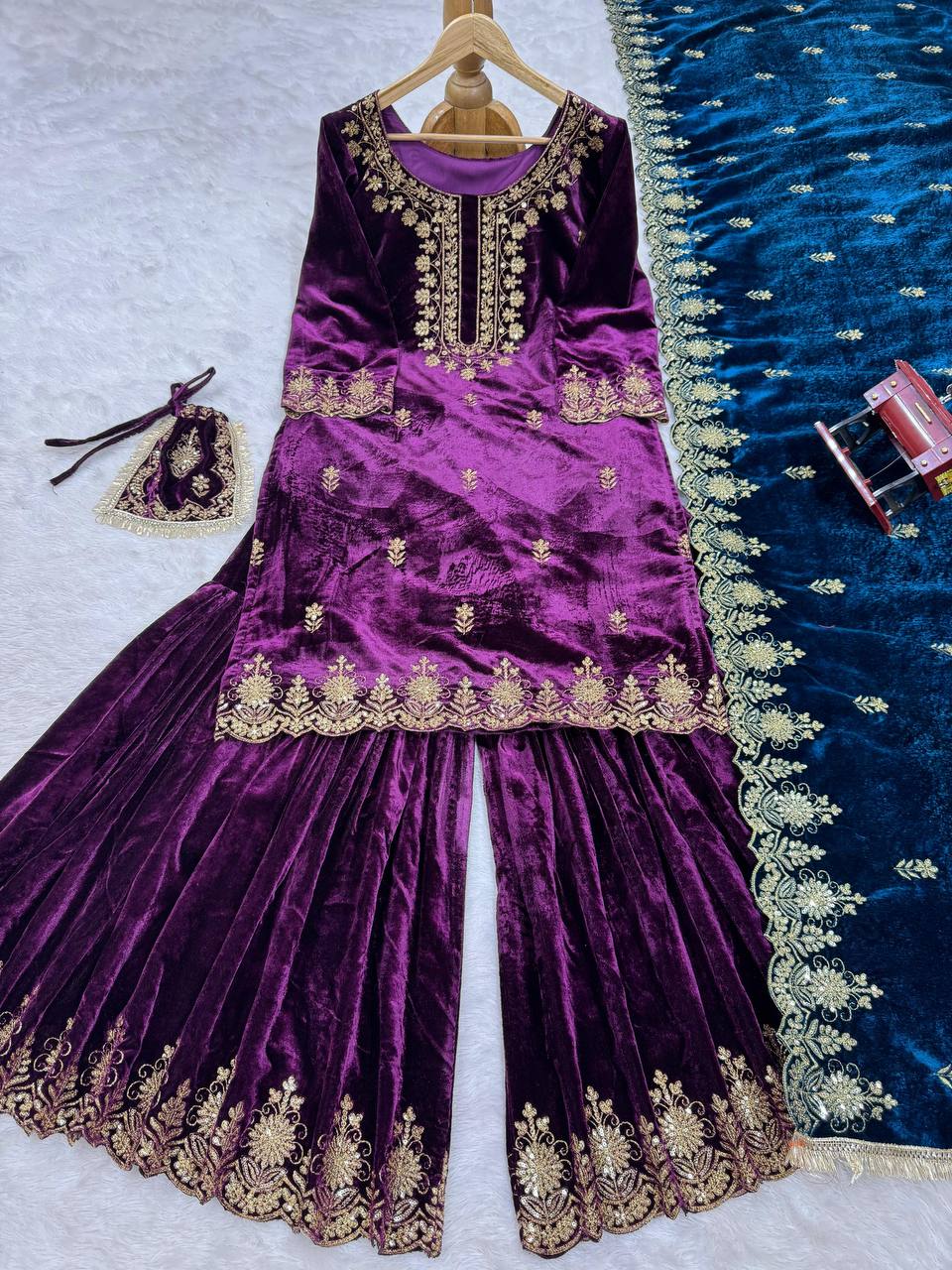 Purple Elegant Viscose Velvet Embroidered Sharara Set