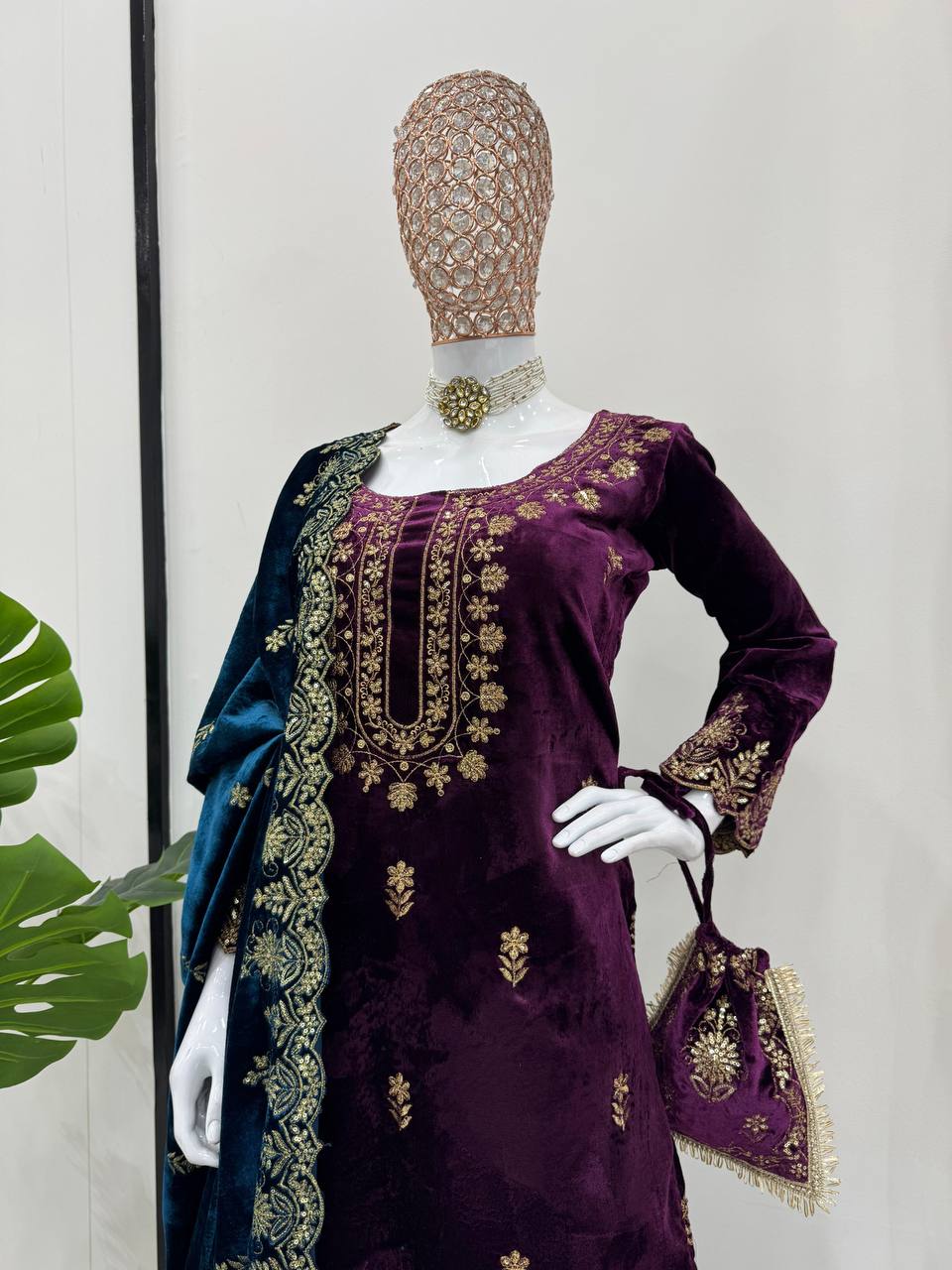 Purple Elegant Viscose Velvet Embroidered Sharara Set