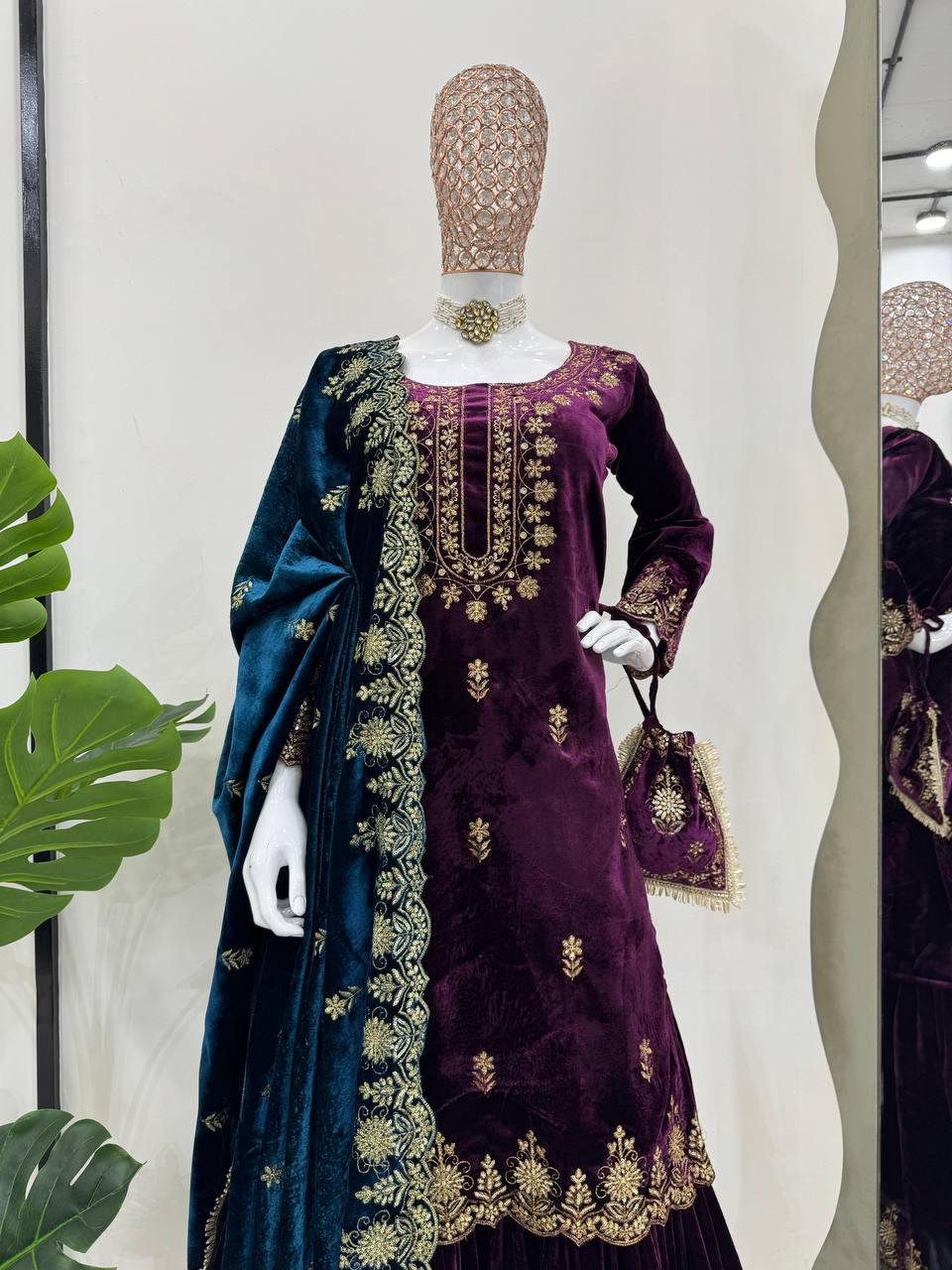 Purple Elegant Viscose Velvet Embroidered Sharara Set
