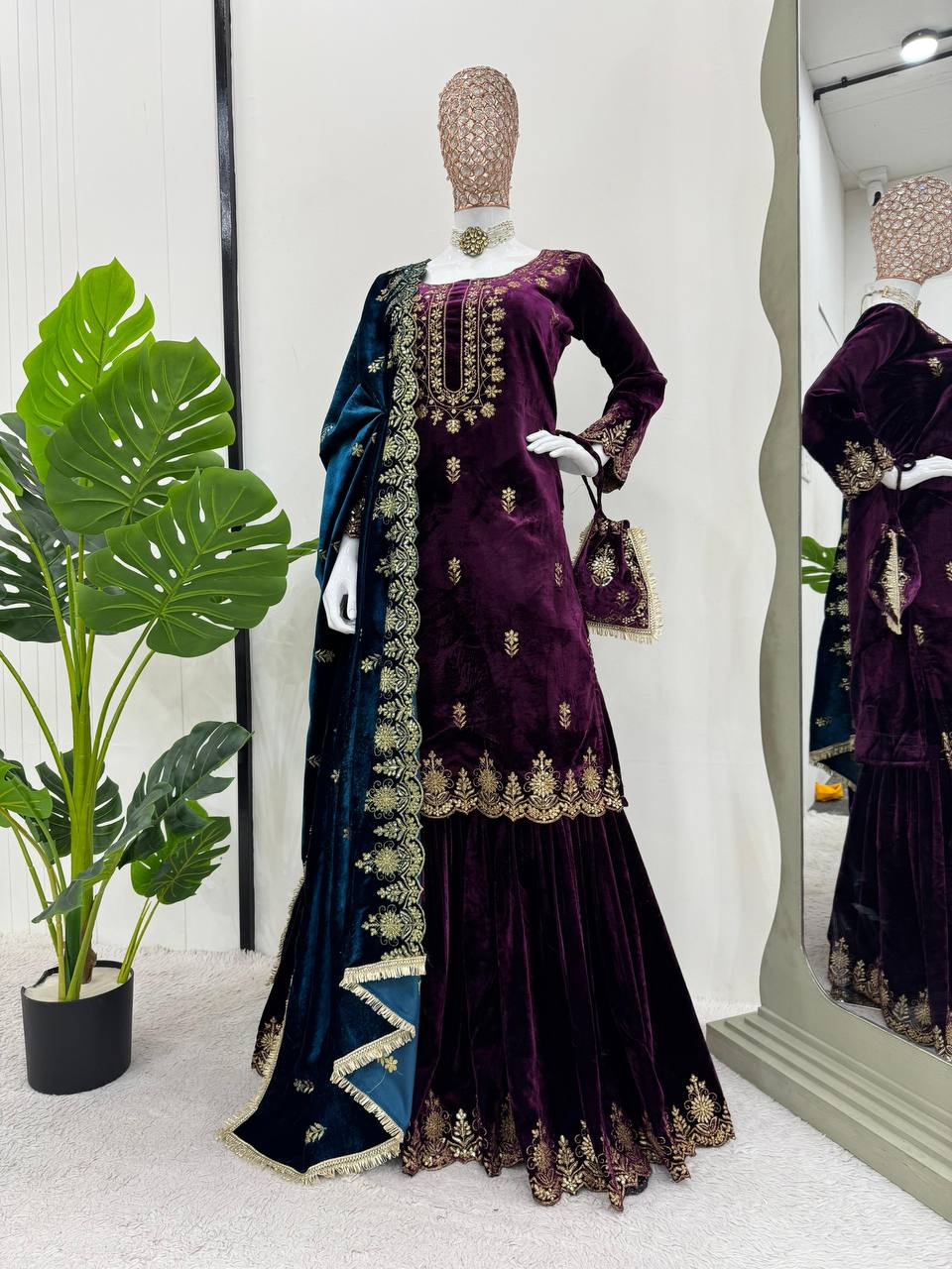 Purple Elegant Viscose Velvet Embroidered Sharara Set