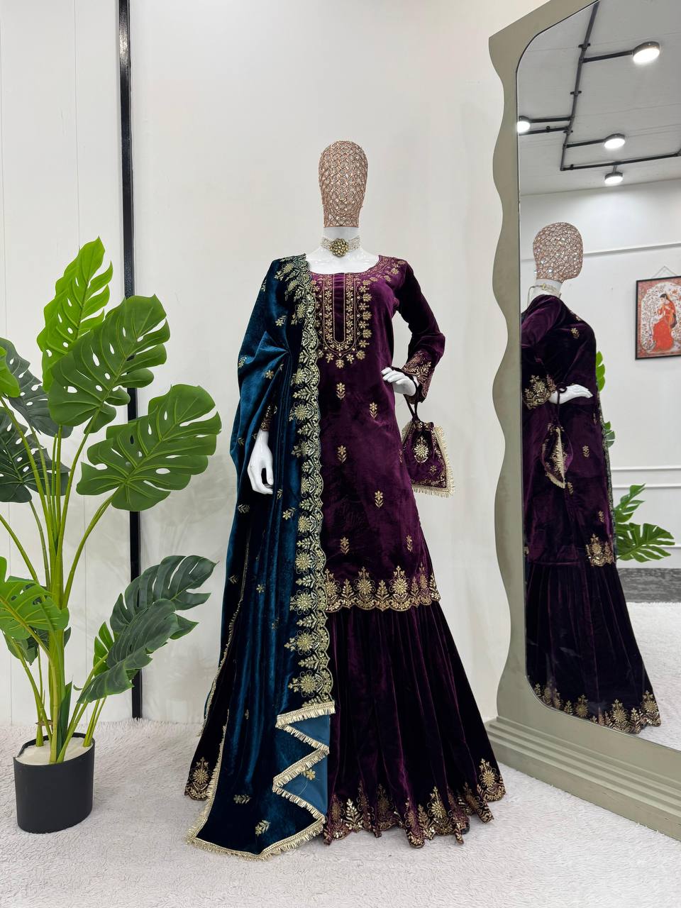 Purple Elegant Viscose Velvet Embroidered Sharara Set