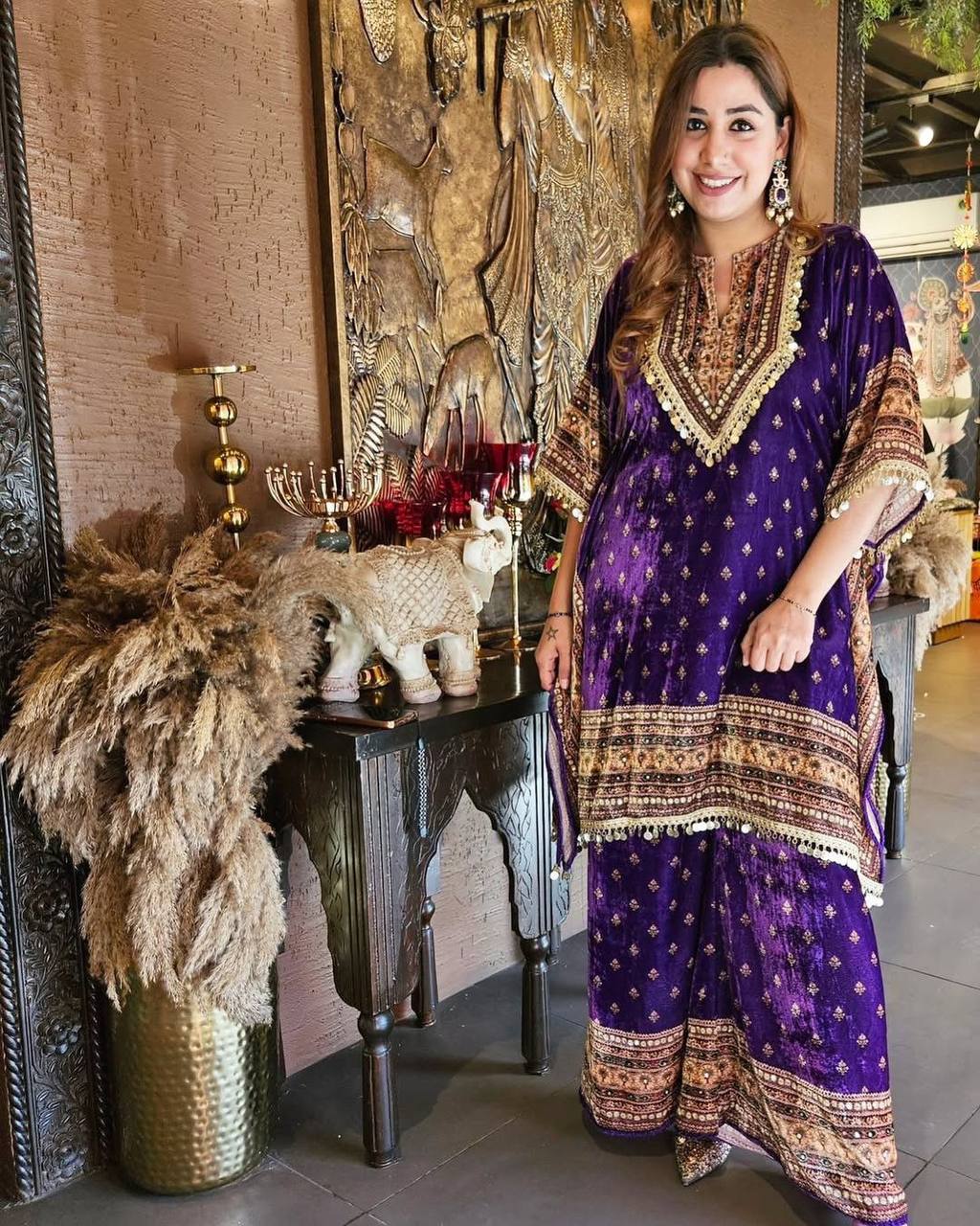 Purple Elegant Viscose Velvet Kaftan with Plazo – Digital Print & Lace Border