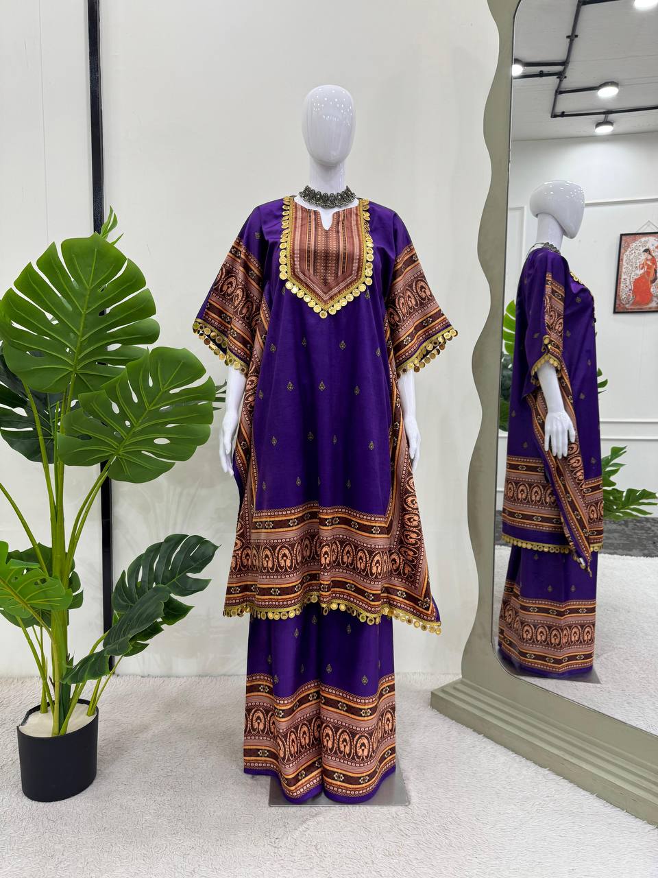Purple Elegant Viscose Velvet Kaftan with Plazo – Digital Print & Lace Border