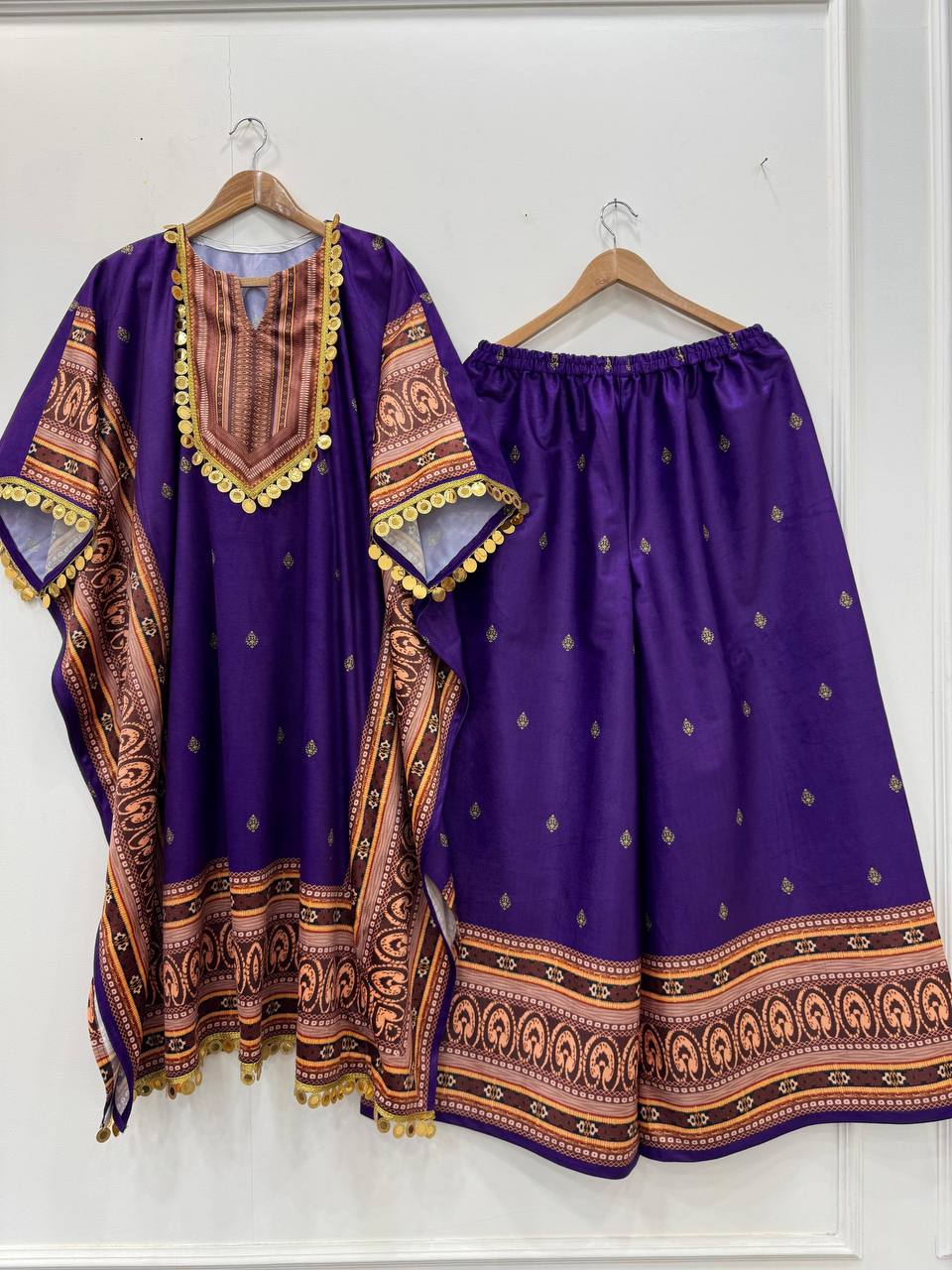 Purple Elegant Viscose Velvet Kaftan with Plazo – Digital Print & Lace Border