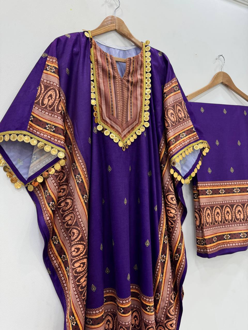 Purple Elegant Viscose Velvet Kaftan with Plazo – Digital Print & Lace Border