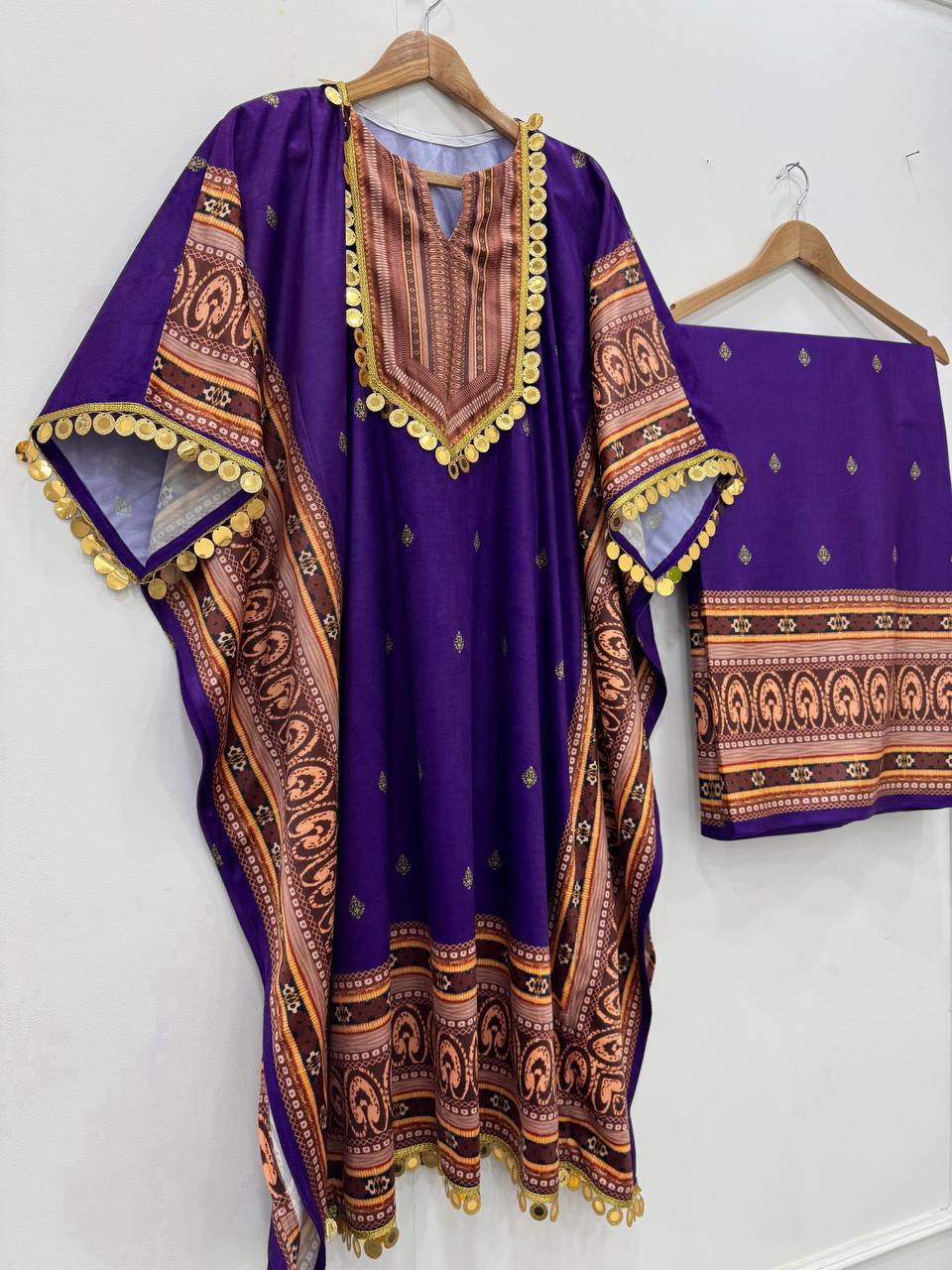 Purple Elegant Viscose Velvet Kaftan with Plazo – Digital Print & Lace Border