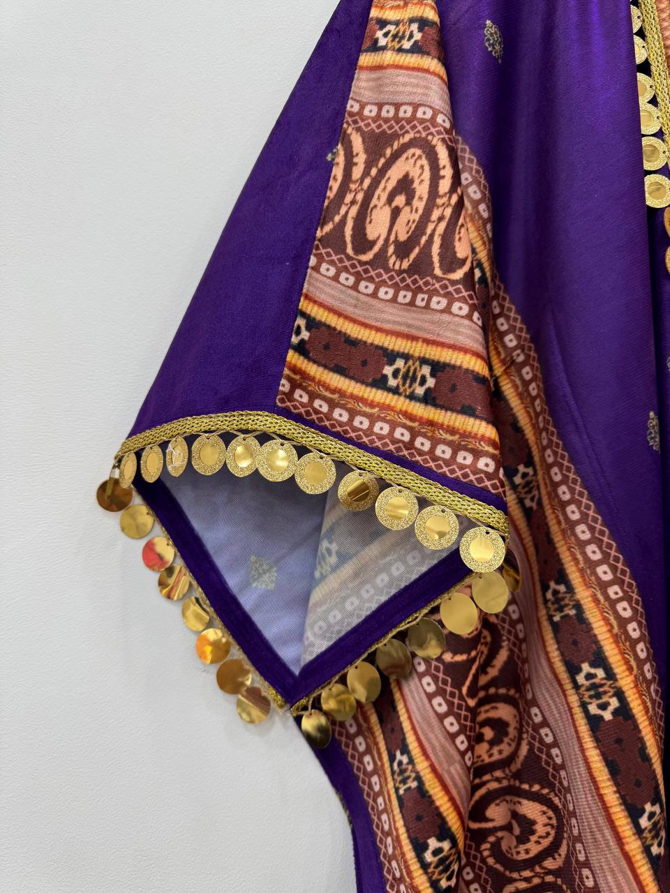 Purple Elegant Viscose Velvet Kaftan with Plazo – Digital Print & Lace Border