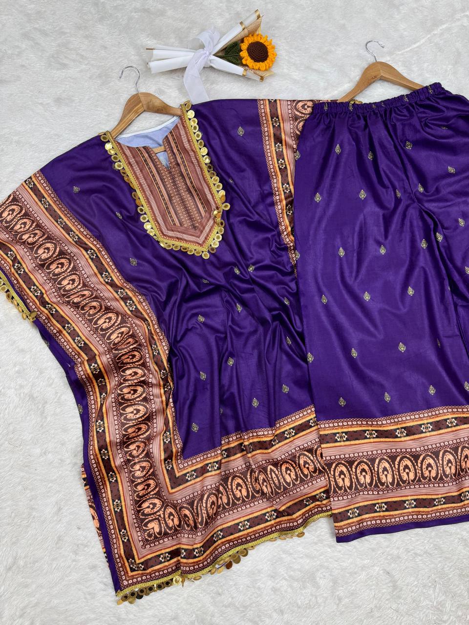 Purple Elegant Viscose Velvet Kaftan with Plazo – Digital Print & Lace Border