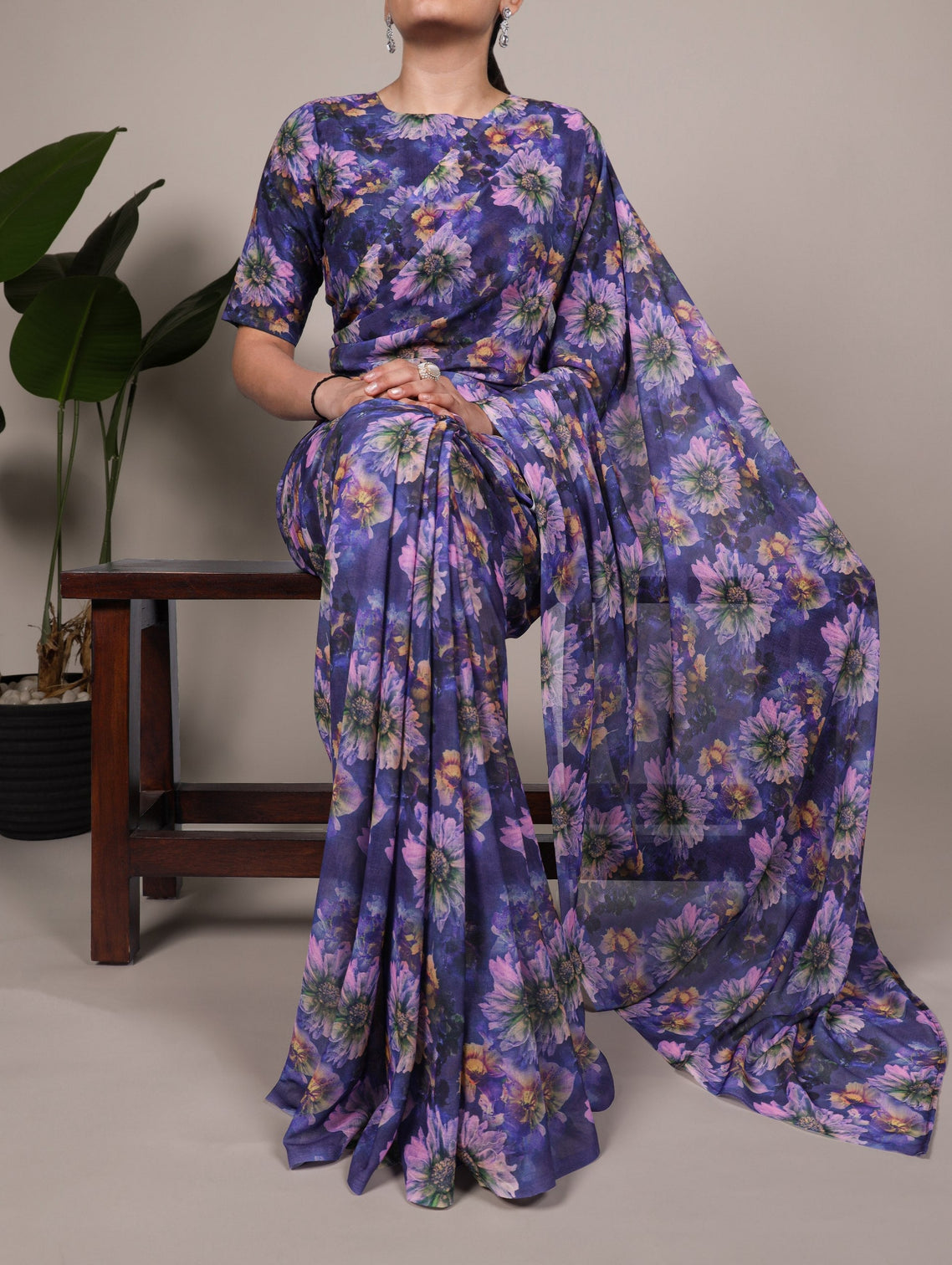 Purple Elegant Weightless Marbal Floral Print Saree with Matching Blouse – Unstitched Ensemble