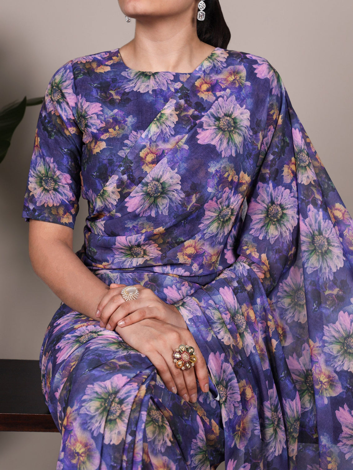 Purple Elegant Weightless Marbal Floral Print Saree with Matching Blouse – Unstitched Ensemble