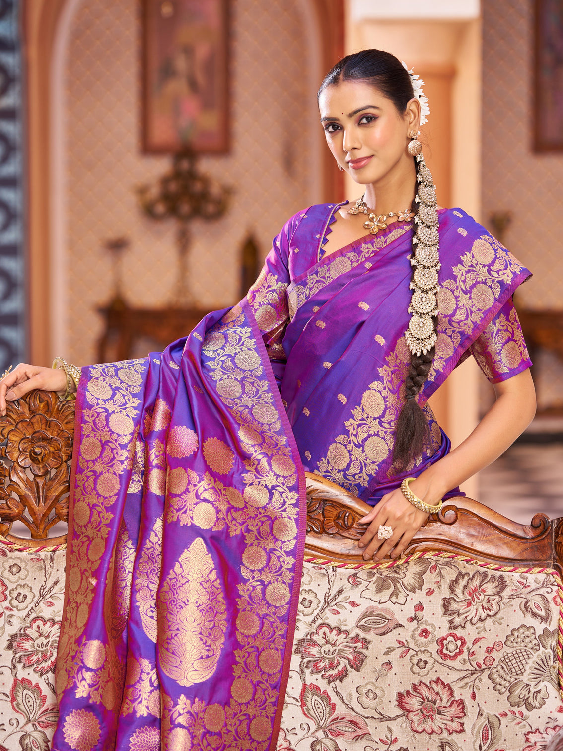 Purple Elegant Woven Assam Silk Saree with Unstitched Blouse Piece
