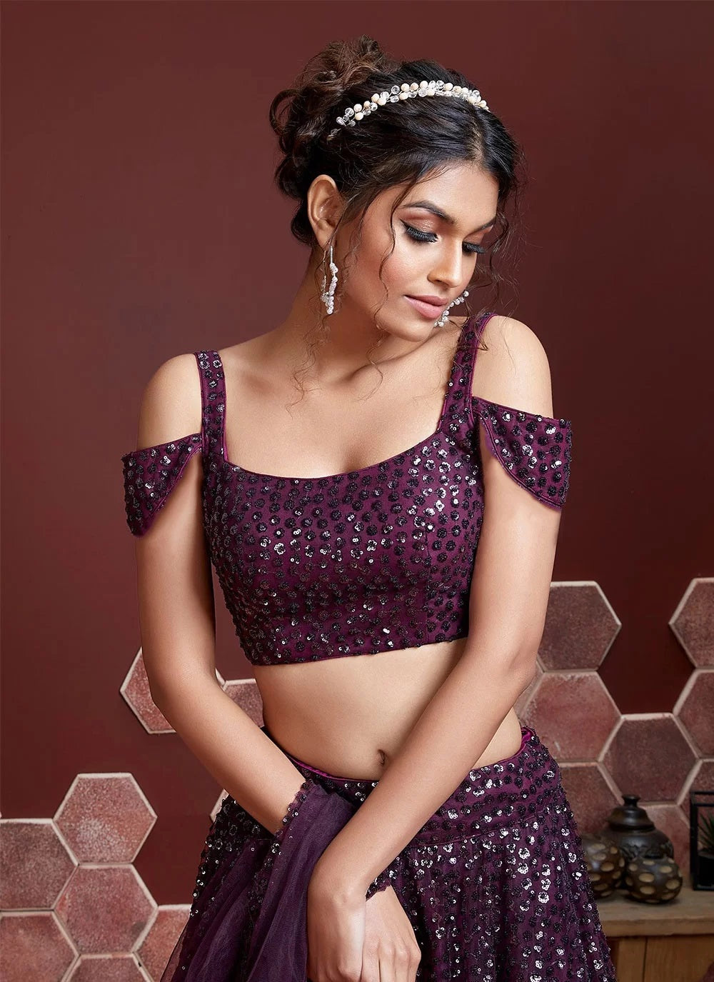 Purple embellished sequinned lehenga choli set with dupatta