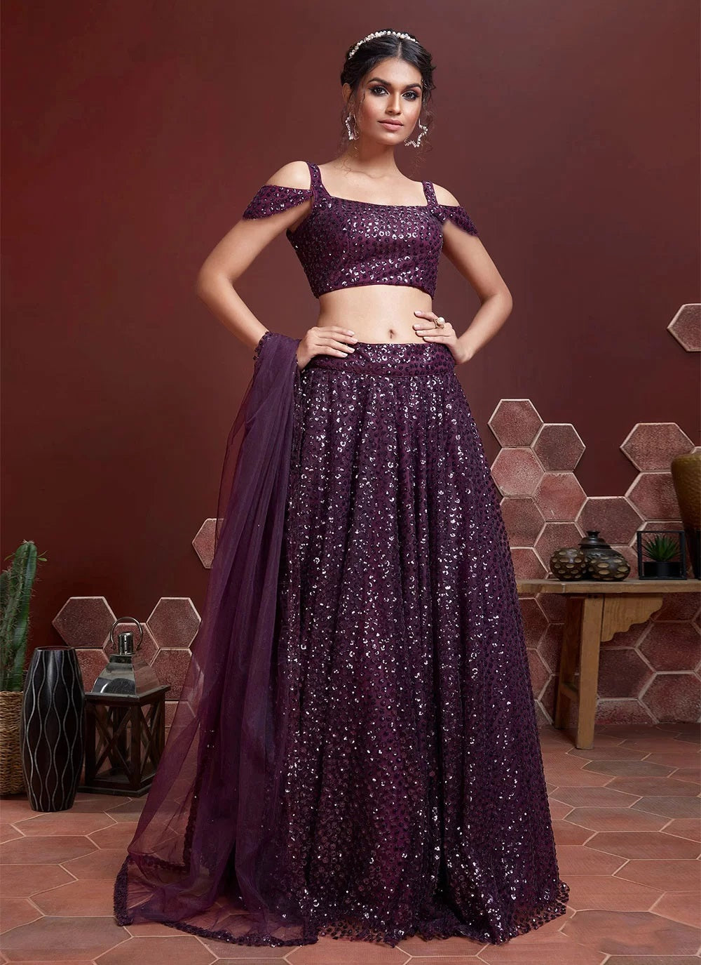 Purple embellished sequinned lehenga choli set with dupatta