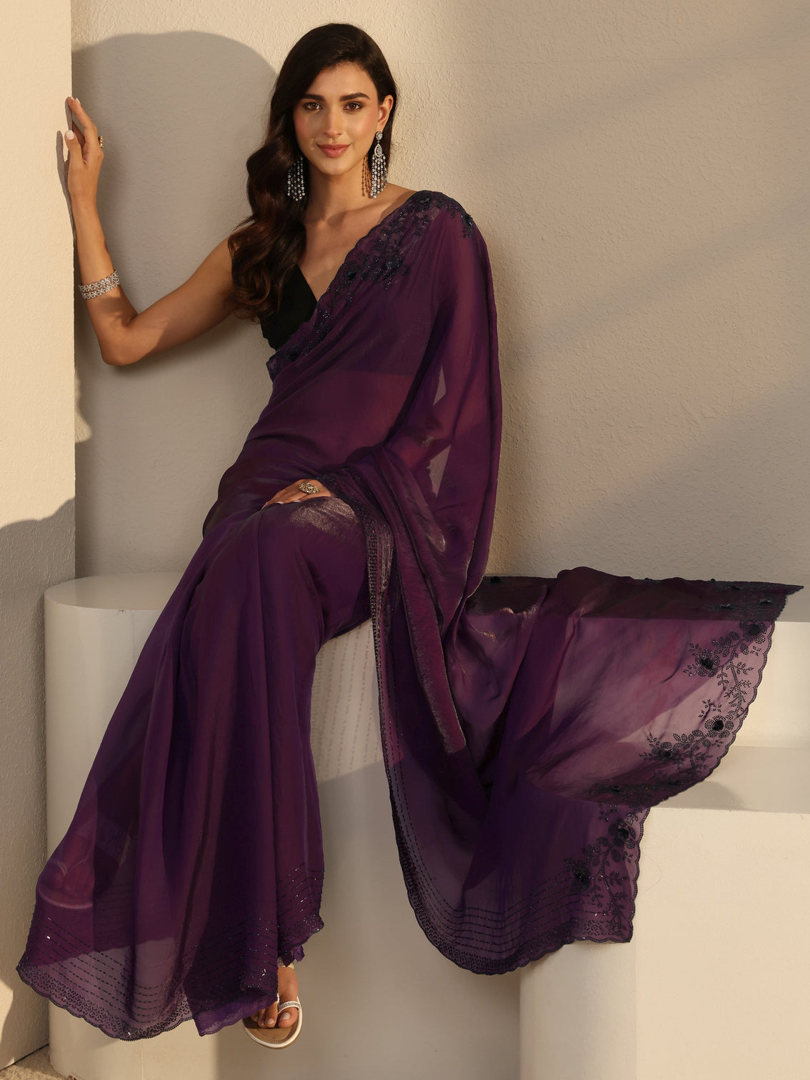Mameraa Purple Embellished Tissue Saree With Unstitched Blouse Piece