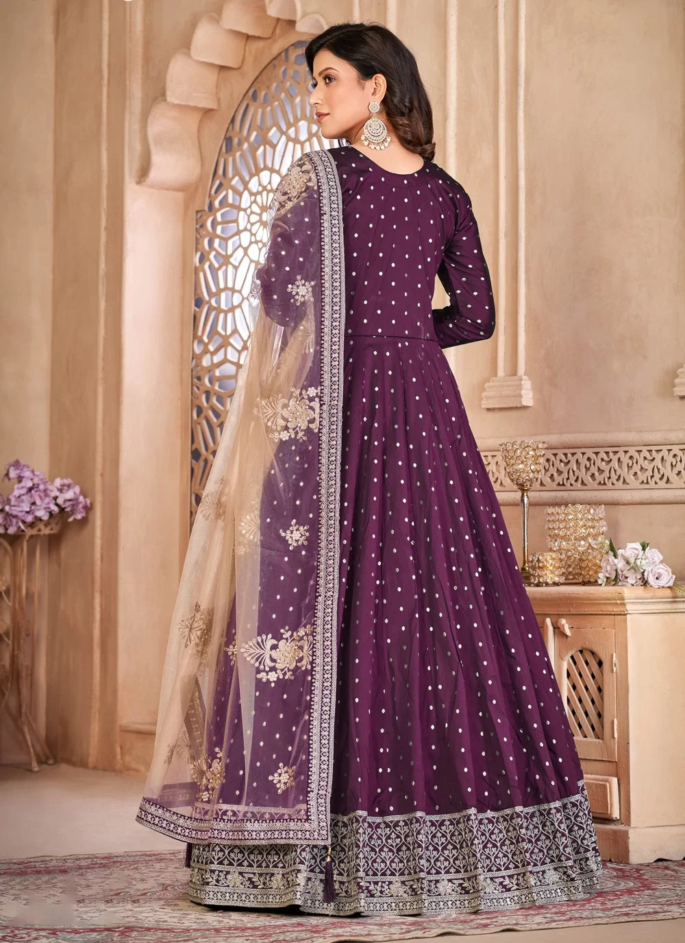 Purple embroidered art silk abaya style kameez