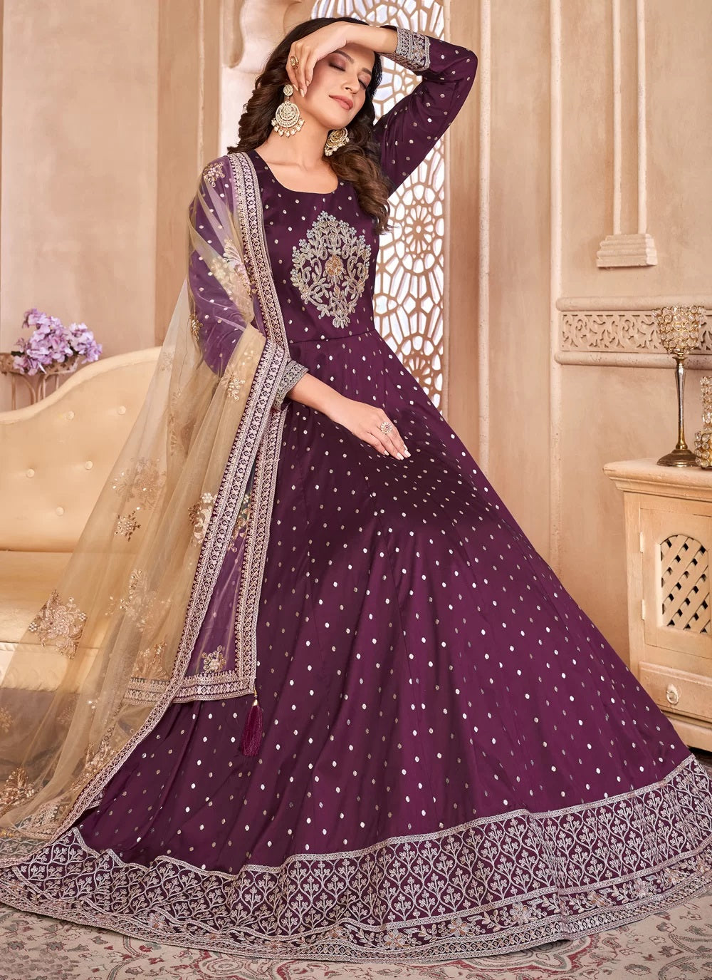 Purple embroidered art silk abaya style kameez