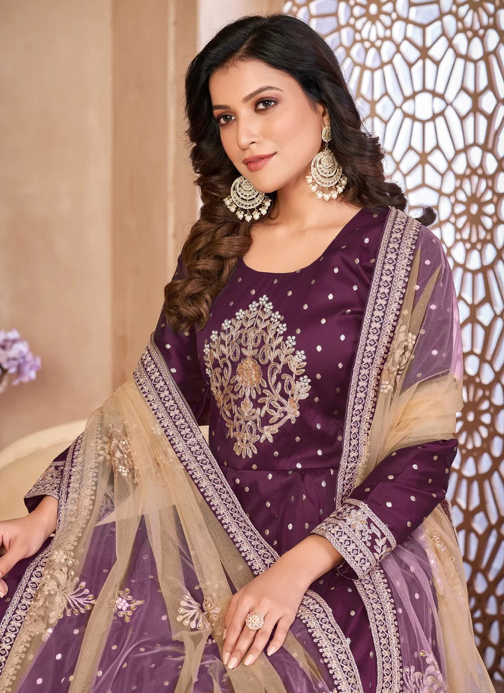 Purple embroidered art silk abaya style kameez