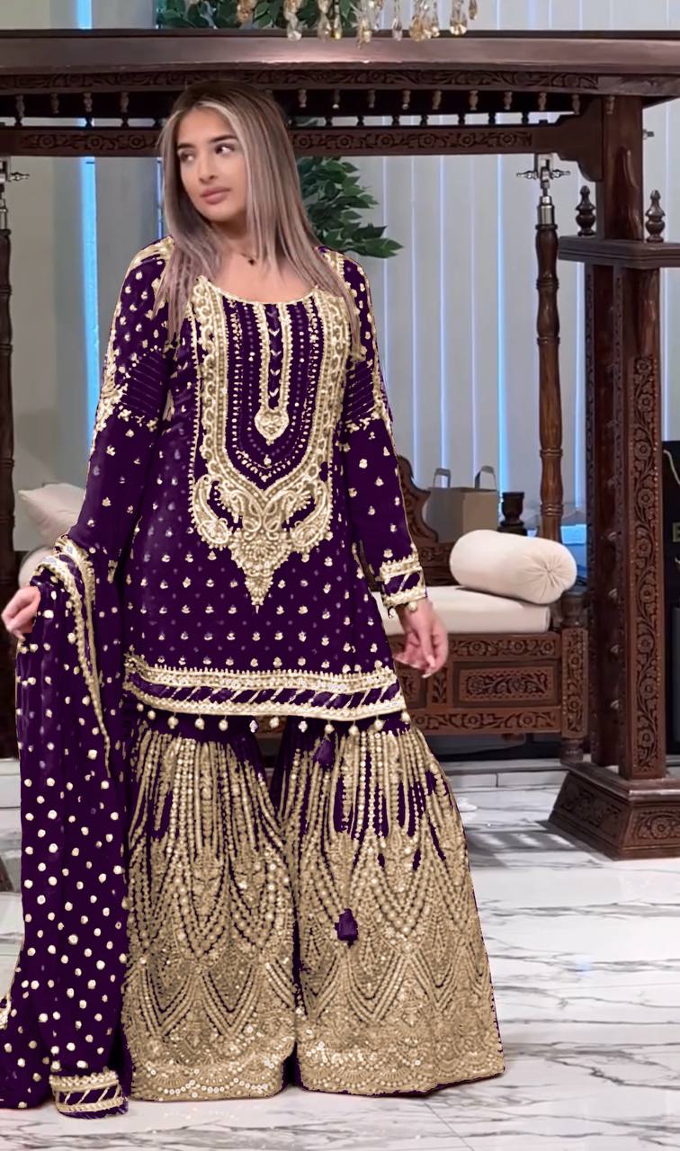 Purple Embroidered Faux Georgette Plazzo Set with Sequins Work & Lace Dupatta