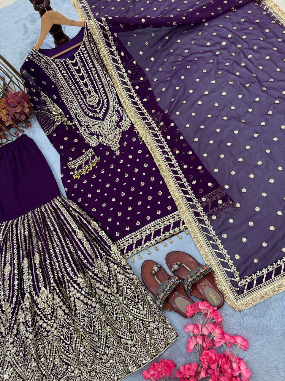 Purple Embroidered Faux Georgette Plazzo Set with Sequins Work & Lace Dupatta