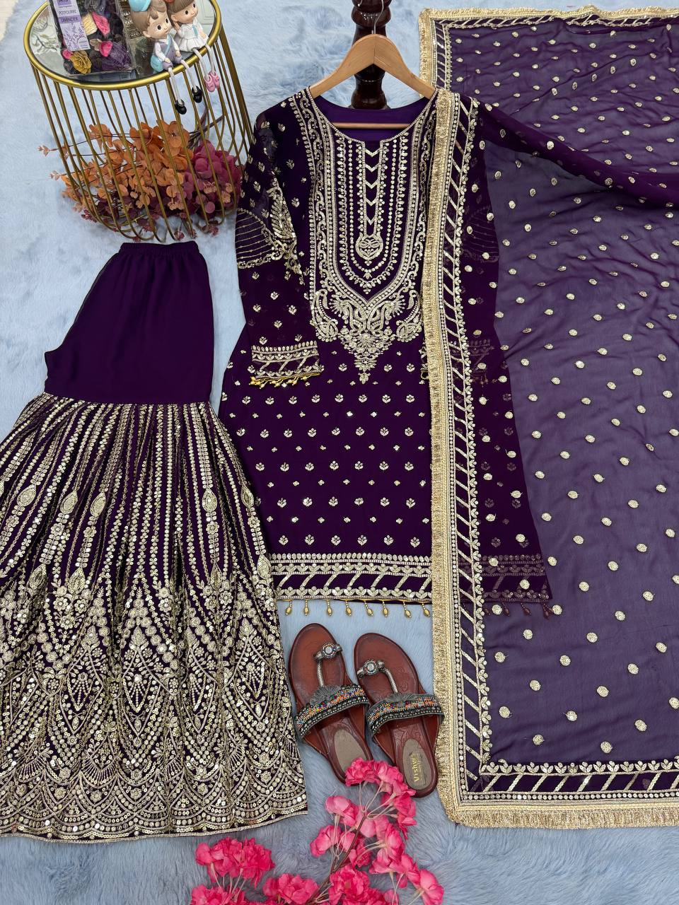 Purple Embroidered Faux Georgette Plazzo Set with Sequins Work & Lace Dupatta
