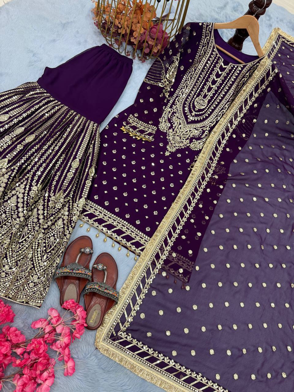 Purple Embroidered Faux Georgette Plazzo Set with Sequins Work & Lace Dupatta