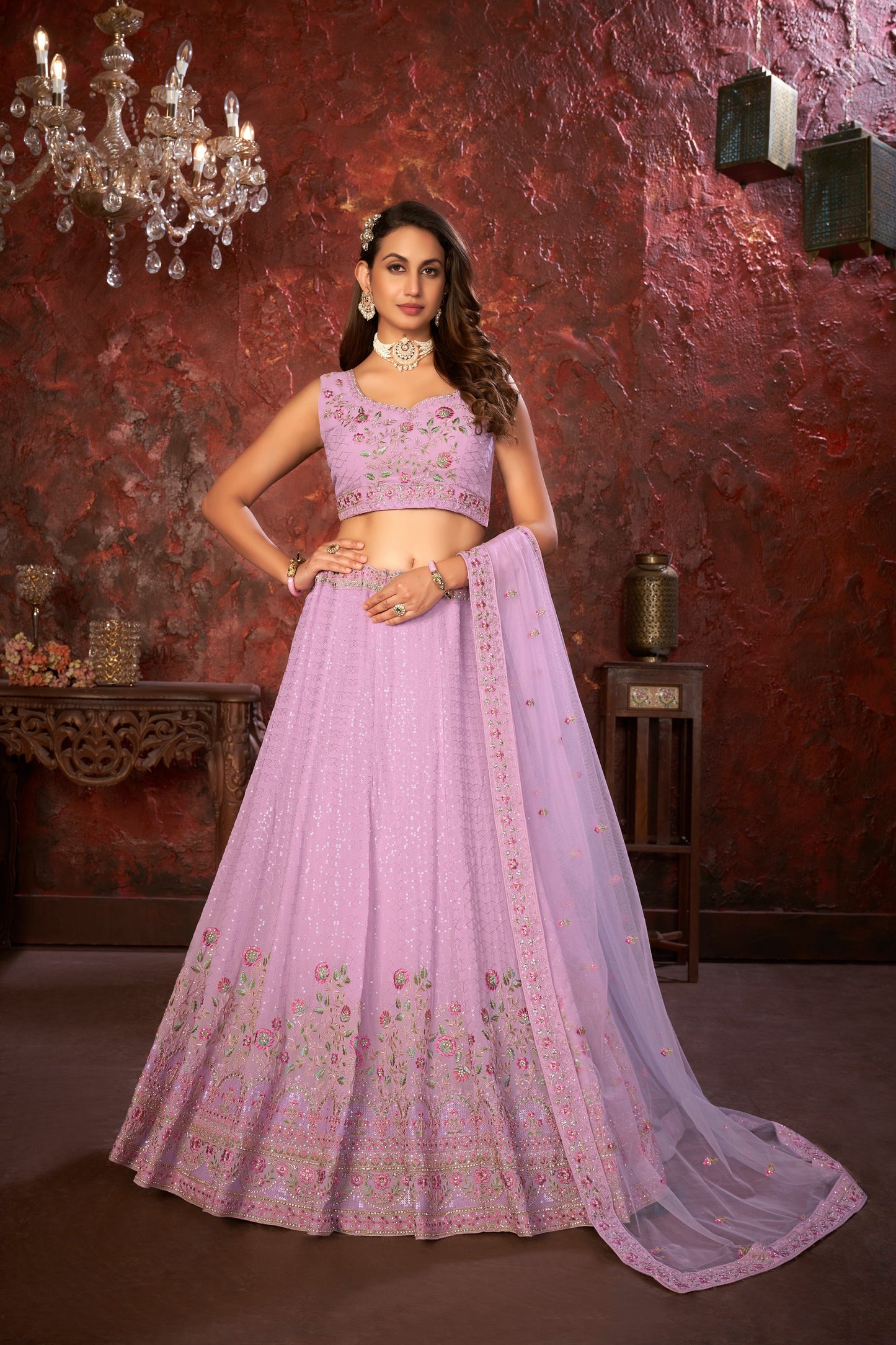 Exquisite Purple Embroidered Fox Georgette Girlish Trendy Lehenga