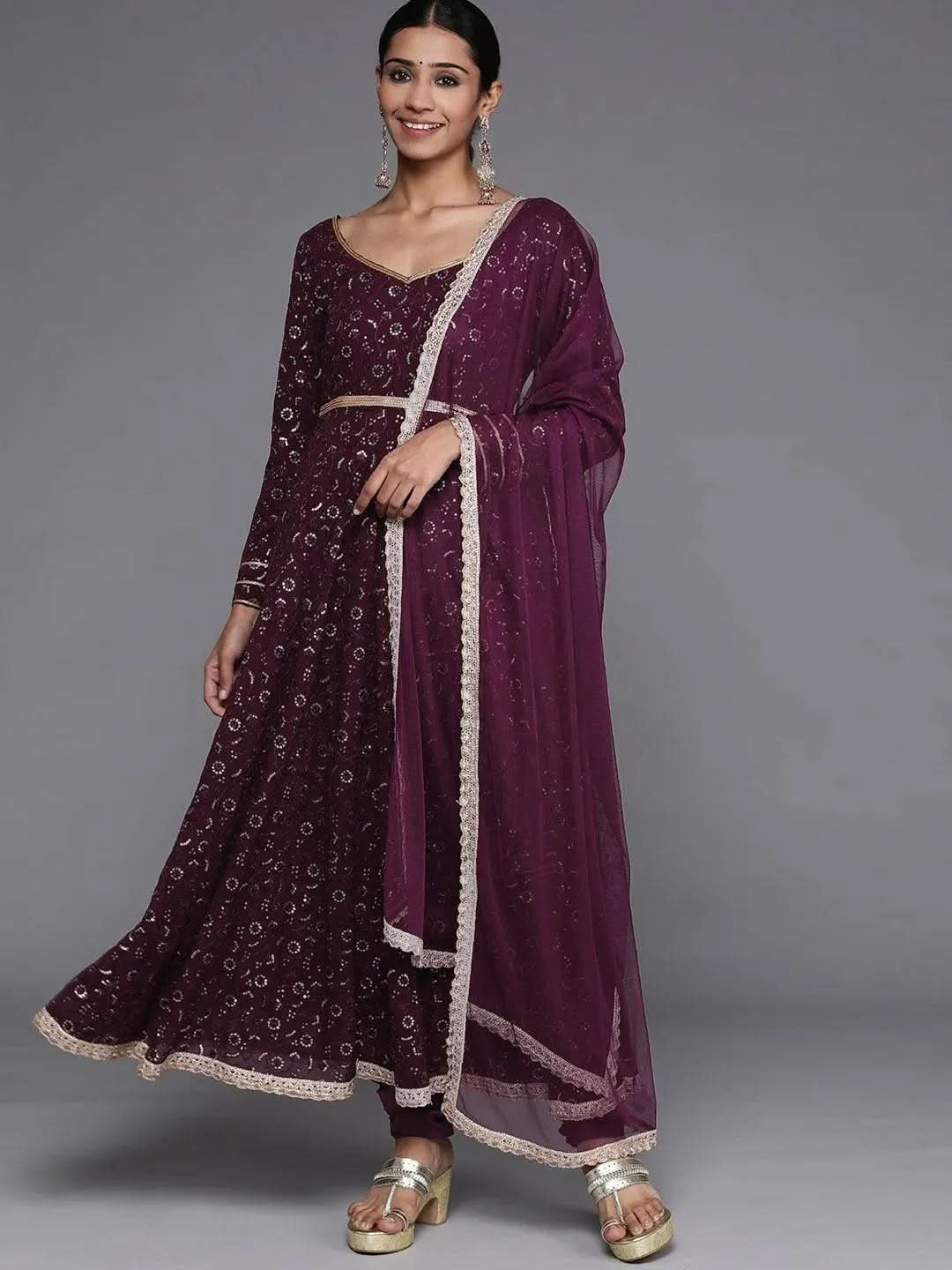 Mameraa Purple Embroidered Georgette Anarkali Kurta With Churidar & Dupatta