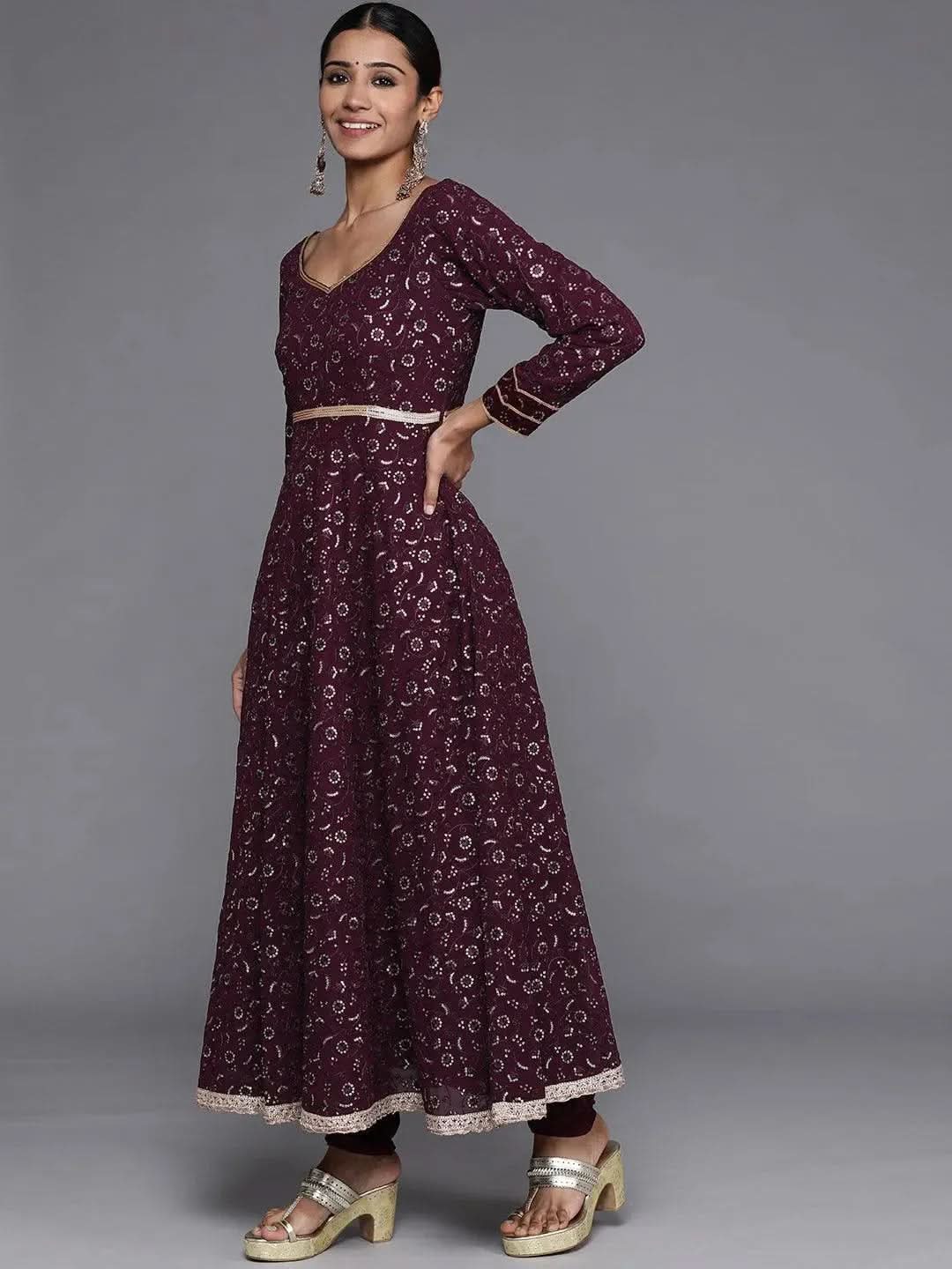 Mameraa Purple Embroidered Georgette Anarkali Kurta With Churidar & Dupatta