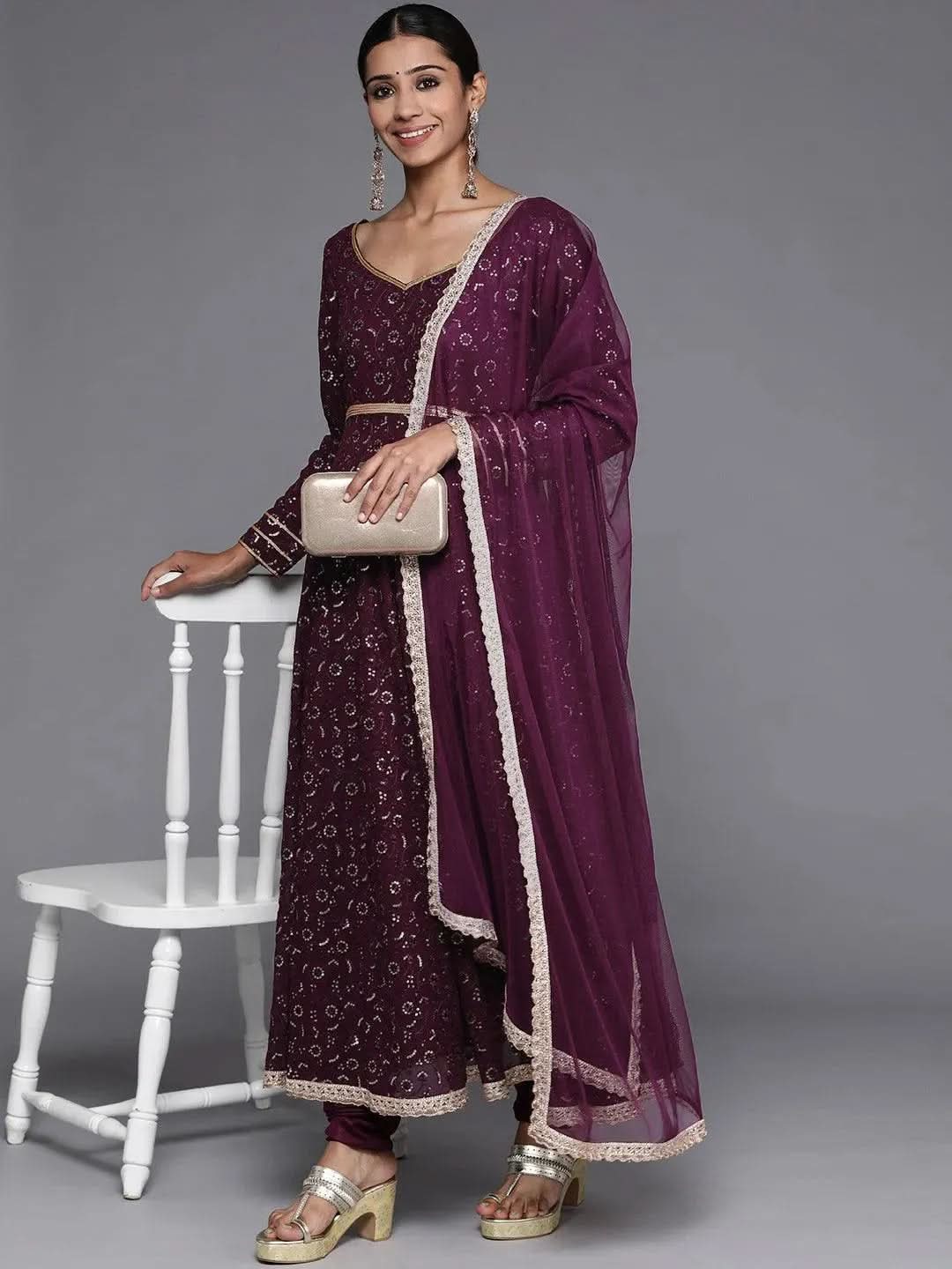 Mameraa Purple Embroidered Georgette Anarkali Kurta With Churidar & Dupatta