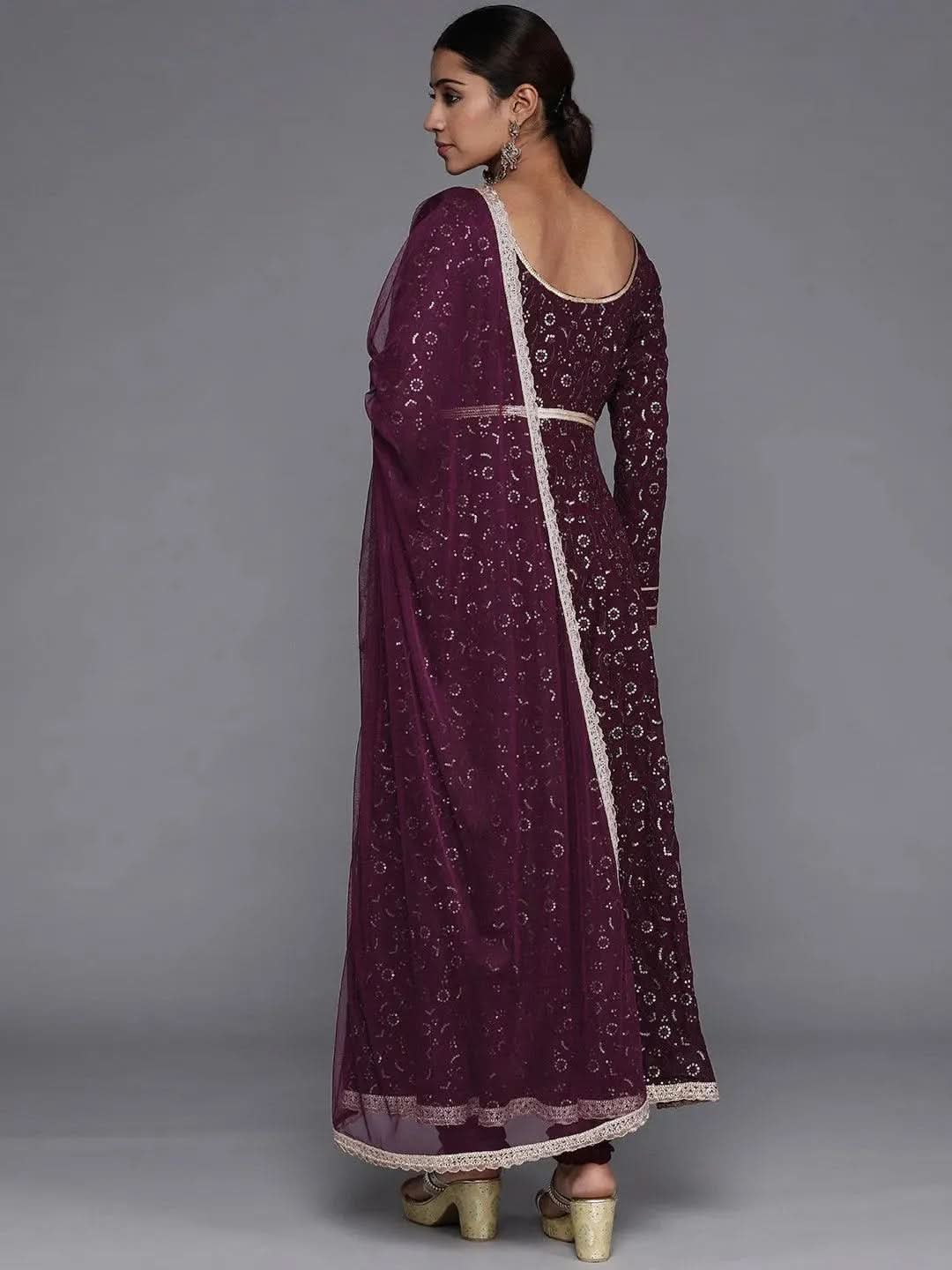 Mameraa Purple Embroidered Georgette Anarkali Kurta With Churidar & Dupatta