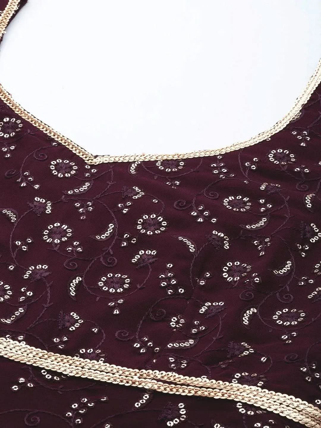 Mameraa Purple Embroidered Georgette Anarkali Kurta With Churidar & Dupatta