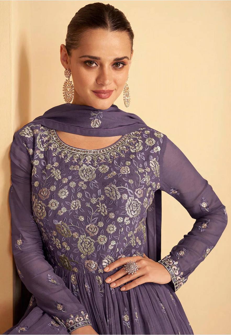 Purple Embroidered Georgette Anarkali Lehenga Suit