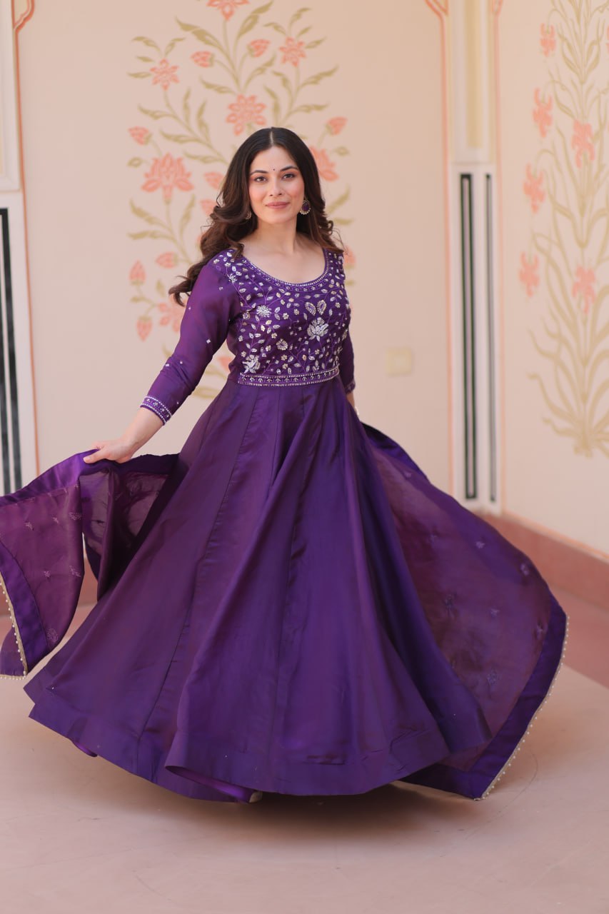 Purple Embroidered Gown with Dupatta
