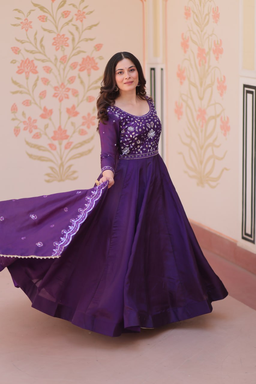 Purple Embroidered Gown with Dupatta