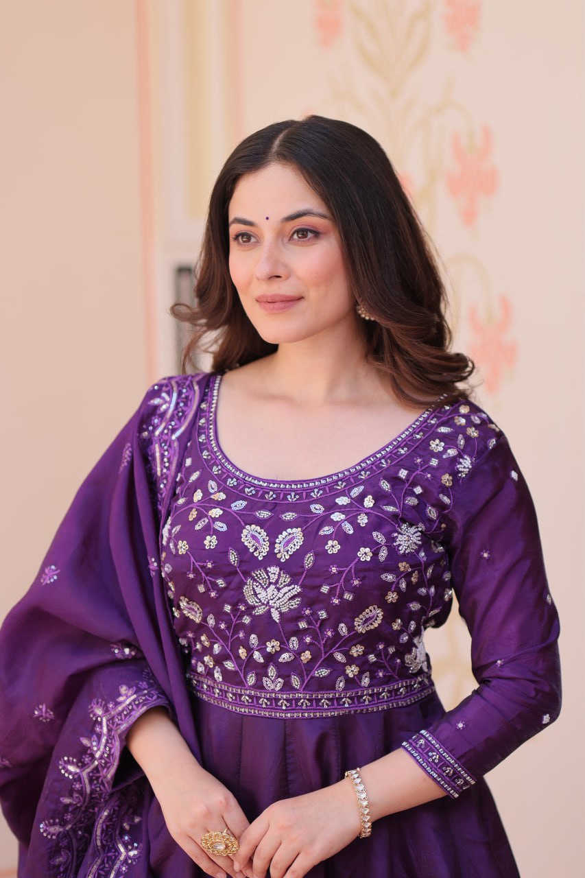 Purple Embroidered Gown with Dupatta