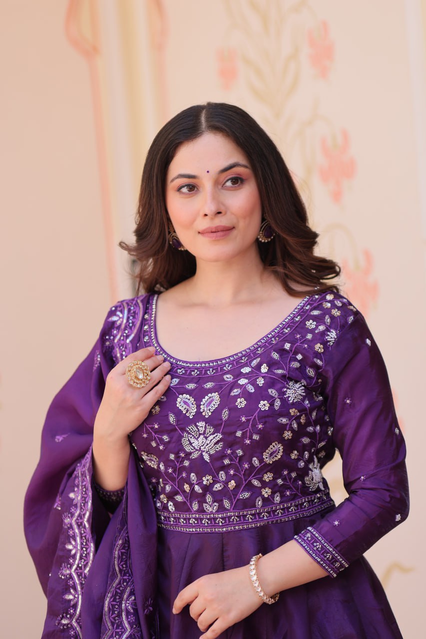 Purple Embroidered Gown with Dupatta