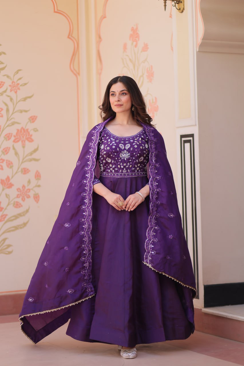 Purple Embroidered Gown with Dupatta