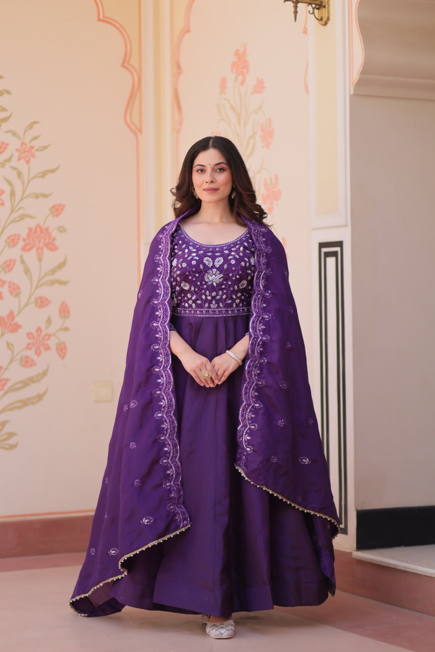 Purple Embroidered Gown with Dupatta