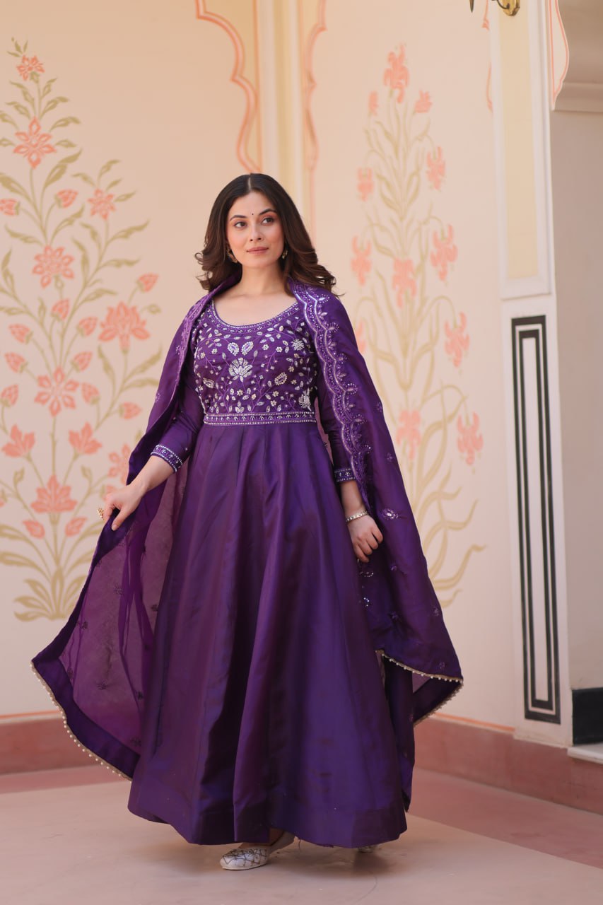 Purple Embroidered Gown with Dupatta